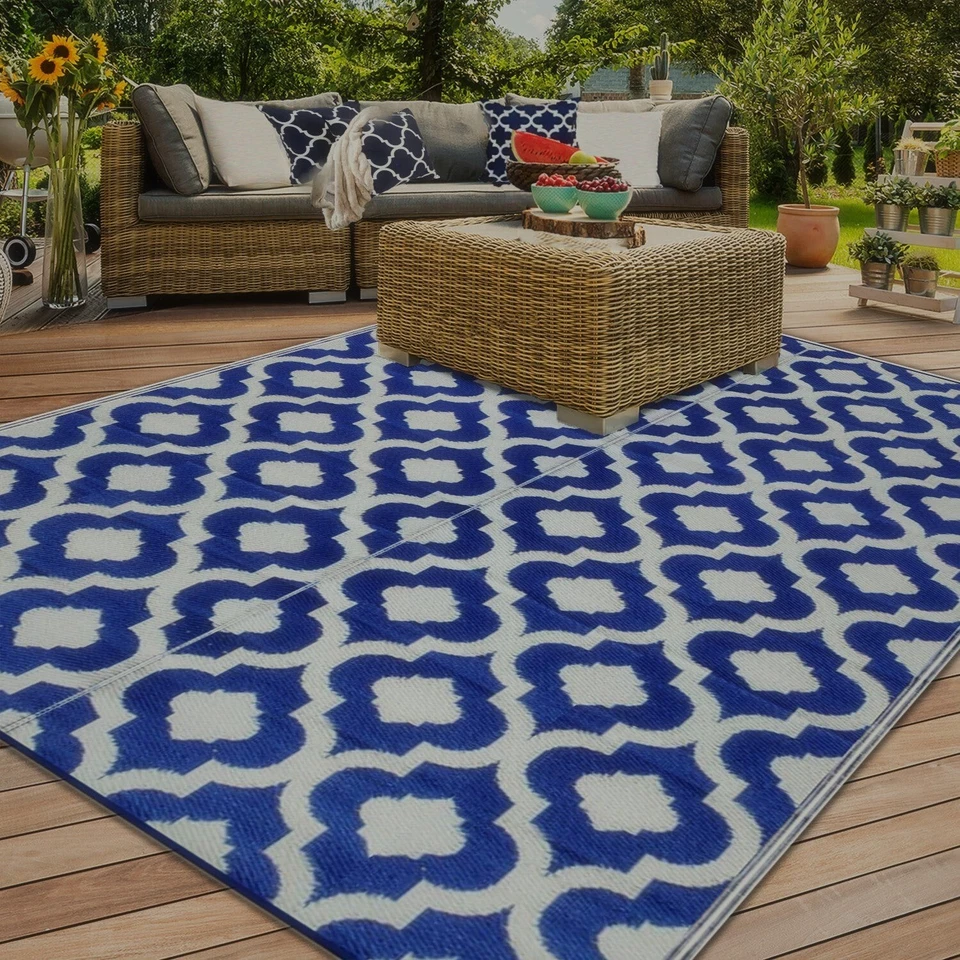 BalajeesUSA Outdoor Patio Rugs Reversible Waterproof Plastic Straw RVCamper Blue - Image 2 of 4