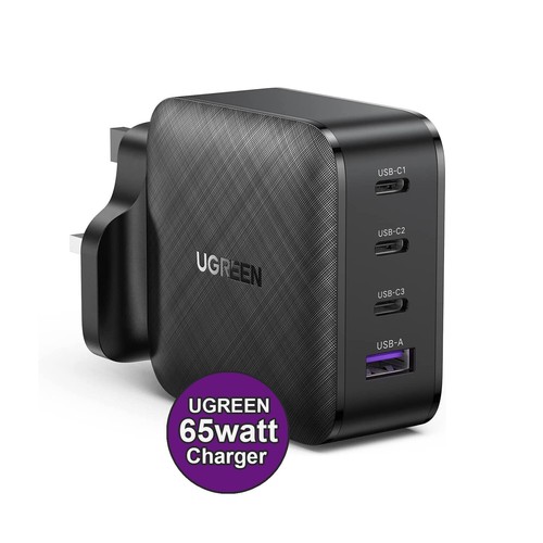 UGREEN Charger 65W GaN Quick Fast 4 Port USB C USB A 3 Pin UK Adapter Plug Only - Afbeelding 1 van 24