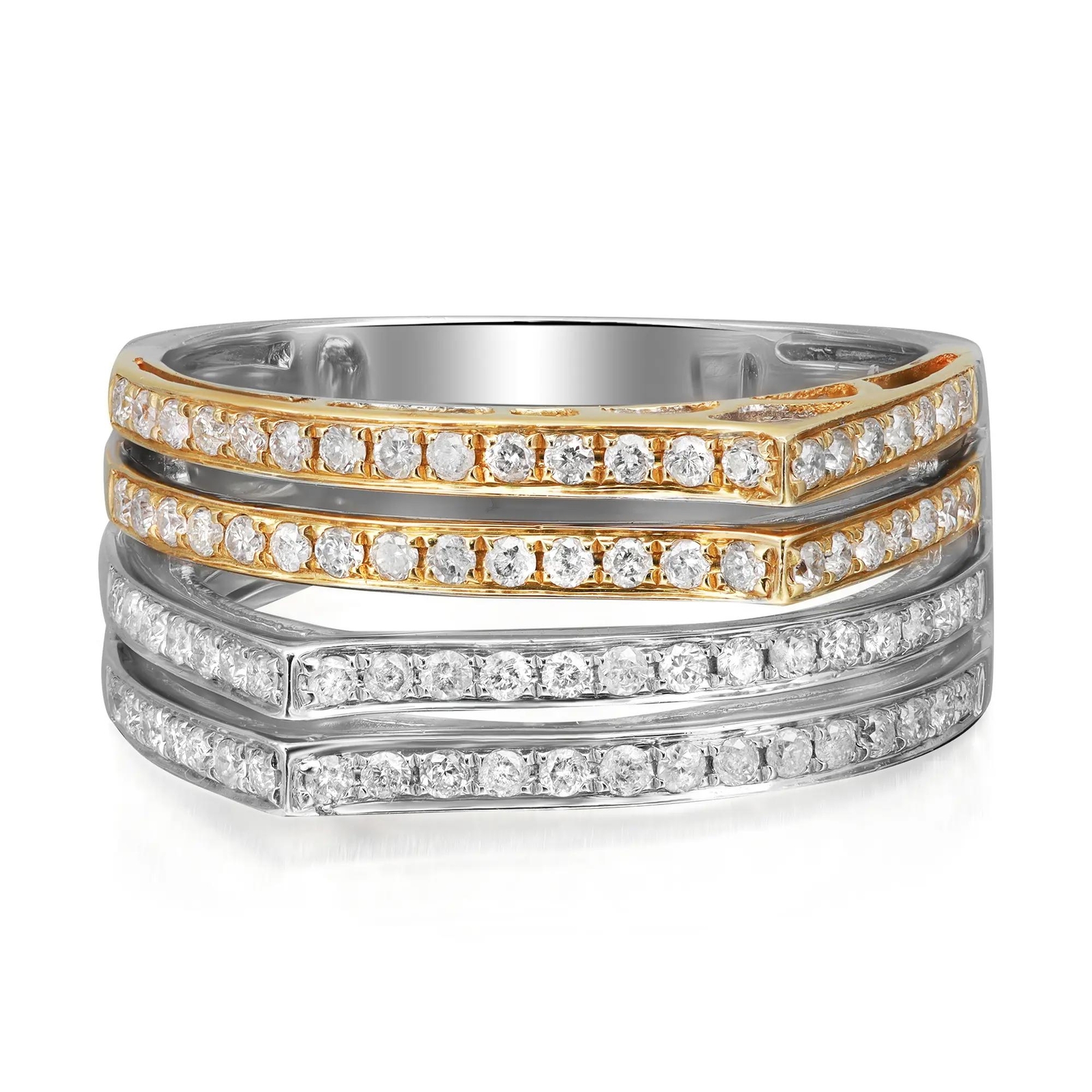 Двухцветный круглый бриллиант весом 058 Карата с несколькими рядами необычного кольца из золота 14 Карат Размер 75 259290₽