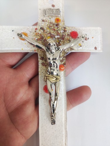 Wall Modern Glass Murano Crucifix Cross White Multicolor From Medjugorje 8.2" - Picture 12 of 16