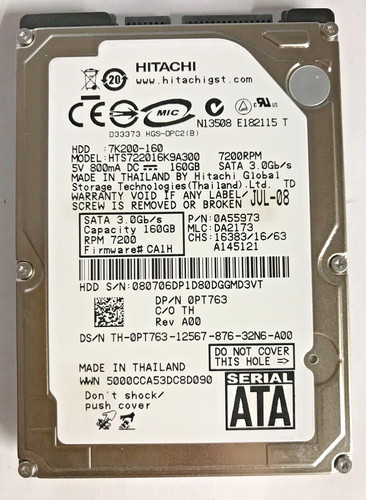 160 GB SATA NOTEBOOK FESTPLATTE HITACHI  HTS722016K9A300 2,5'' ZOLL #NFP603