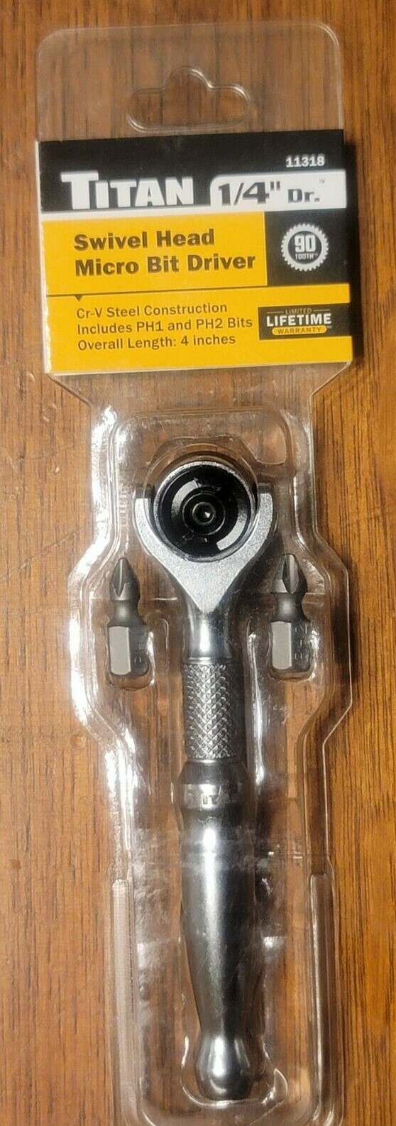 Titan Micro 1/4" HEX 90 Tooth Reversible Swivel Head Ratchet w/ Bits