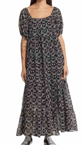 Dressed In Lala Happy Face Black Maxi Dress Puff Sleeve Woman’s S NWT - Afbeelding 1 van 20
