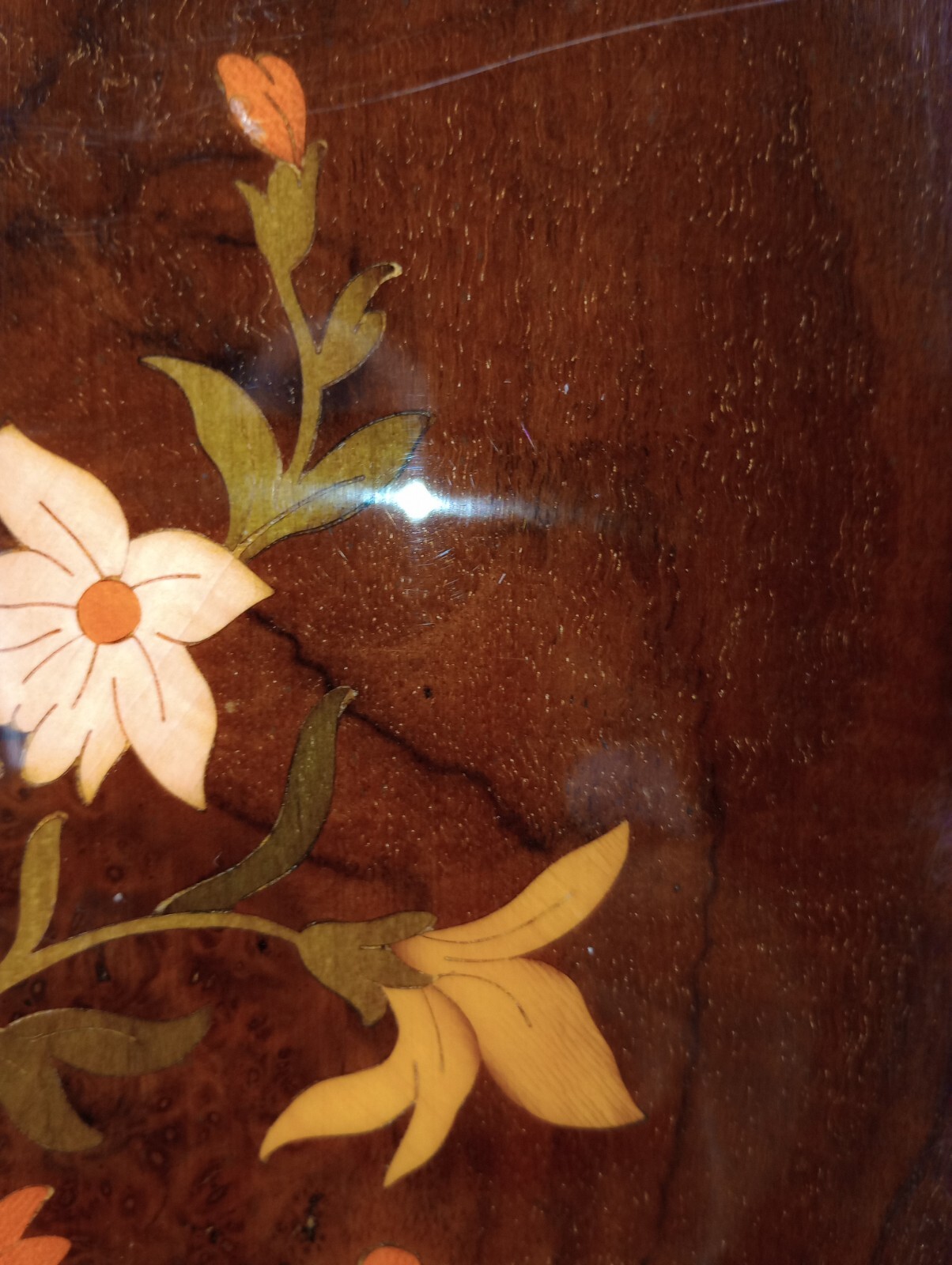 MCM Vintage Marquetry Inlaid Wood Plaque ~ Floral Design 23 In X 11 In
