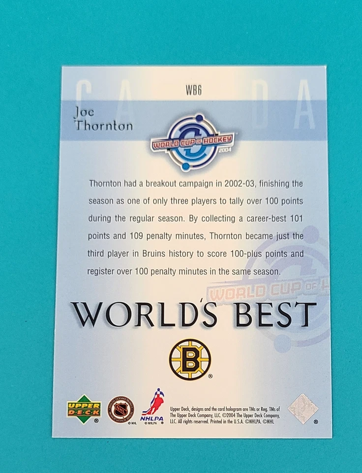 2004-05 Upper Deck World's Best #WB6 Joe Thornton Boston Bruins HOCKEY Card V9 - Image 2 of 2