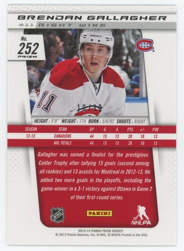 2013-14 Panini Prizm Cracked Ice Rookie Brendan Gallagher 30/10 - Photo 2 sur 3