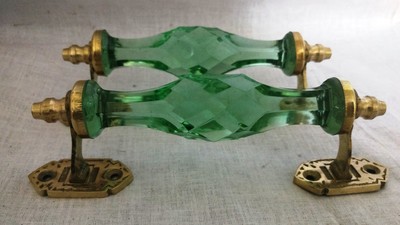 2 Ps Vintage Door Handle Puller Transparent Crystal Cut Glass w Brass Bracket US