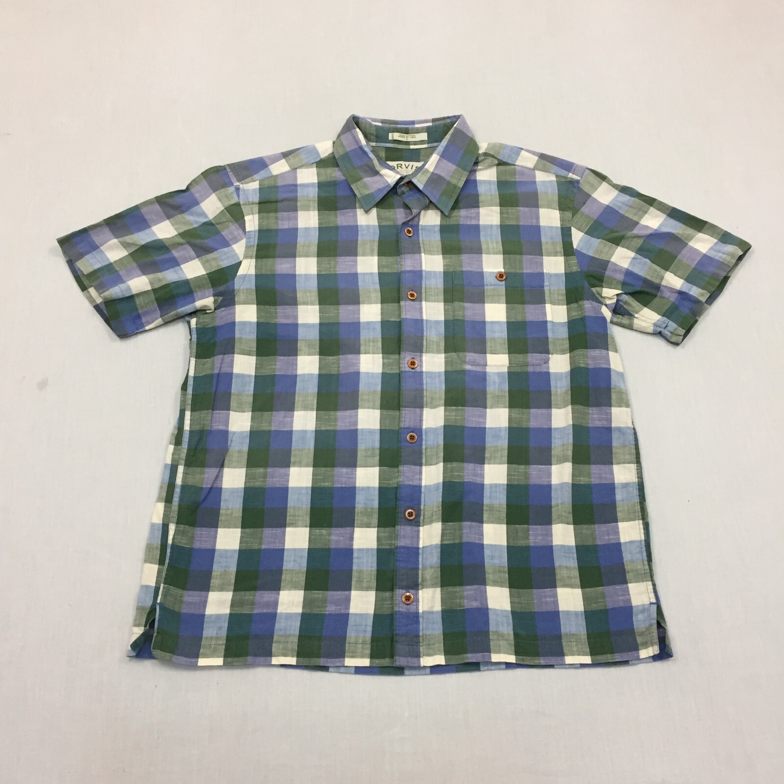 Orvis Shirt Mens Large Button Up Short Sleeve Green Check 100% Cotton (L)