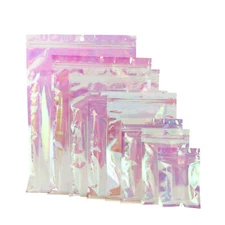 100 Pink Holographic Iridescent Flat Resealable Zipper Seal Lock Beauty Bags