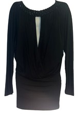 VTG Y2K 90s BeBe Black Stretch Deep V Beaded Accents Bodycon Sexy Dress M