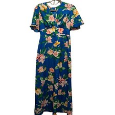 Vintage Darina Maxi Dress Womens V Neck Elastic Waist Floral Blue Short Sleeve