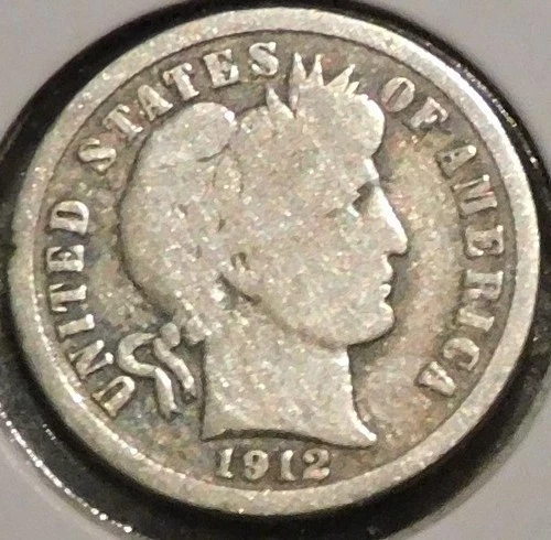Silver Dime - Barber - 1912-D (Cleaned.  Uneven wear on reverse.)