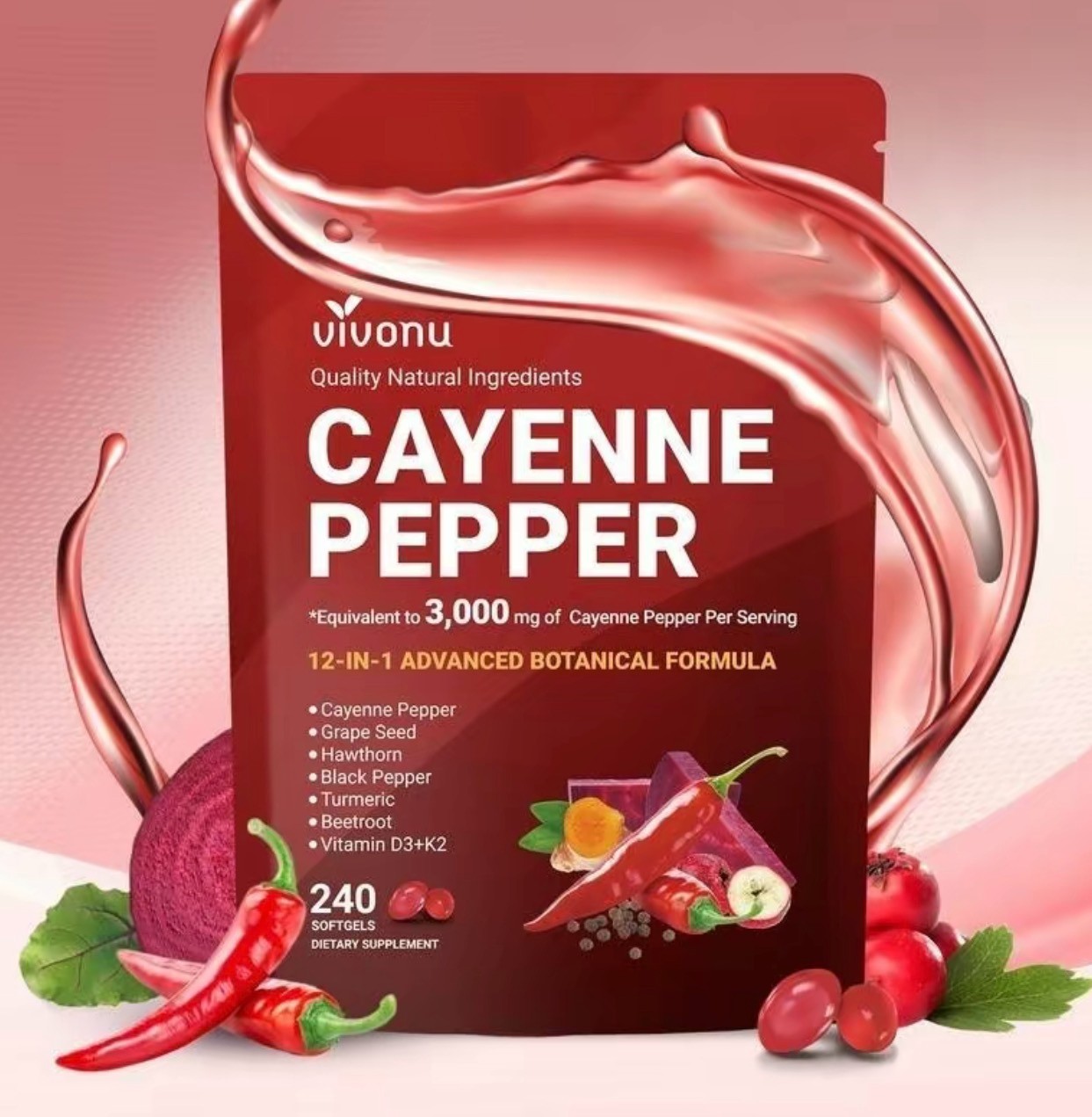 VivoNu Cayenne Pepper Grape Seed Hawthron Softgels Supplement - 240 Capsules