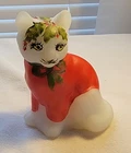 Fenton Opal Satin Sitting Cat w/Red Sweater Christmas Louise Piper dtd 6-27-89