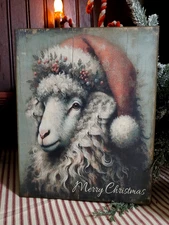 OLD PRIMITIVE VINTAGE FOLK FARM STYLE CHRISTMAS SANTA HAT SHEEP WEAVER WOOL SIGN