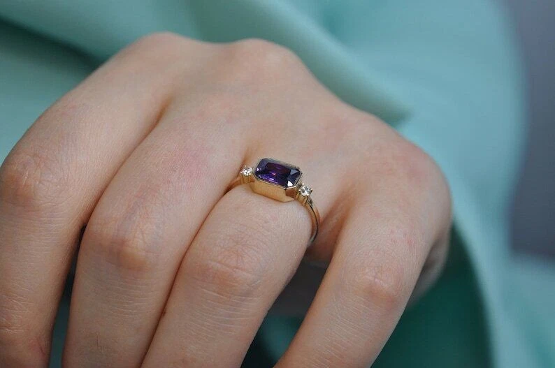 Natürlicher Lila Amethyst Edelstein 14K Massivgold Verlobungsring M039 - Bild 3 von 4