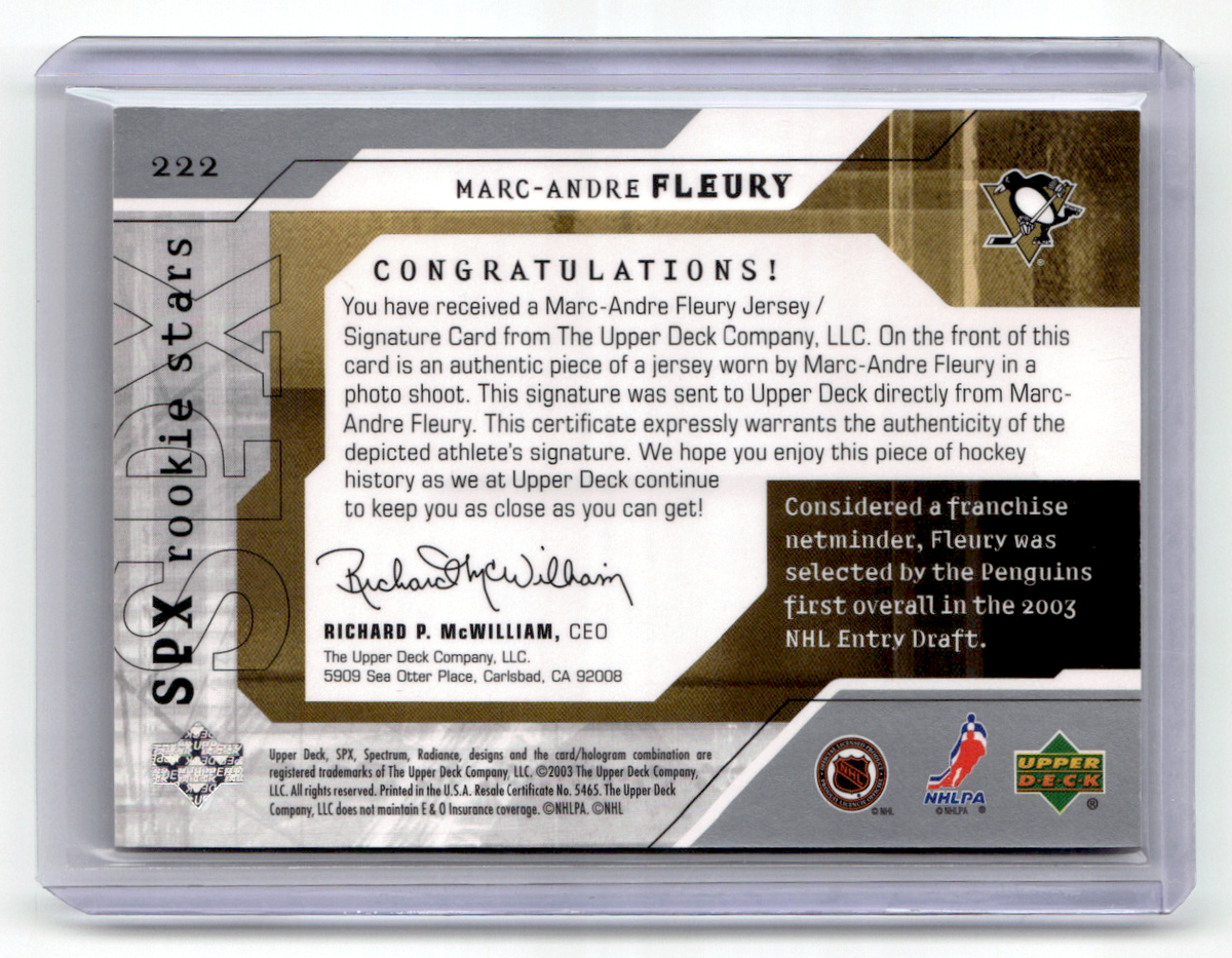 2003-04 SPX Hockey - Marc-Andre Fleury - SPX Rookie Stars Patch
