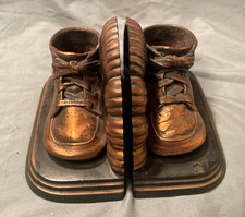 Vintage Ornate Heavy Bronzed Copper Baby Shoes Boots Bookends Nursery Decor