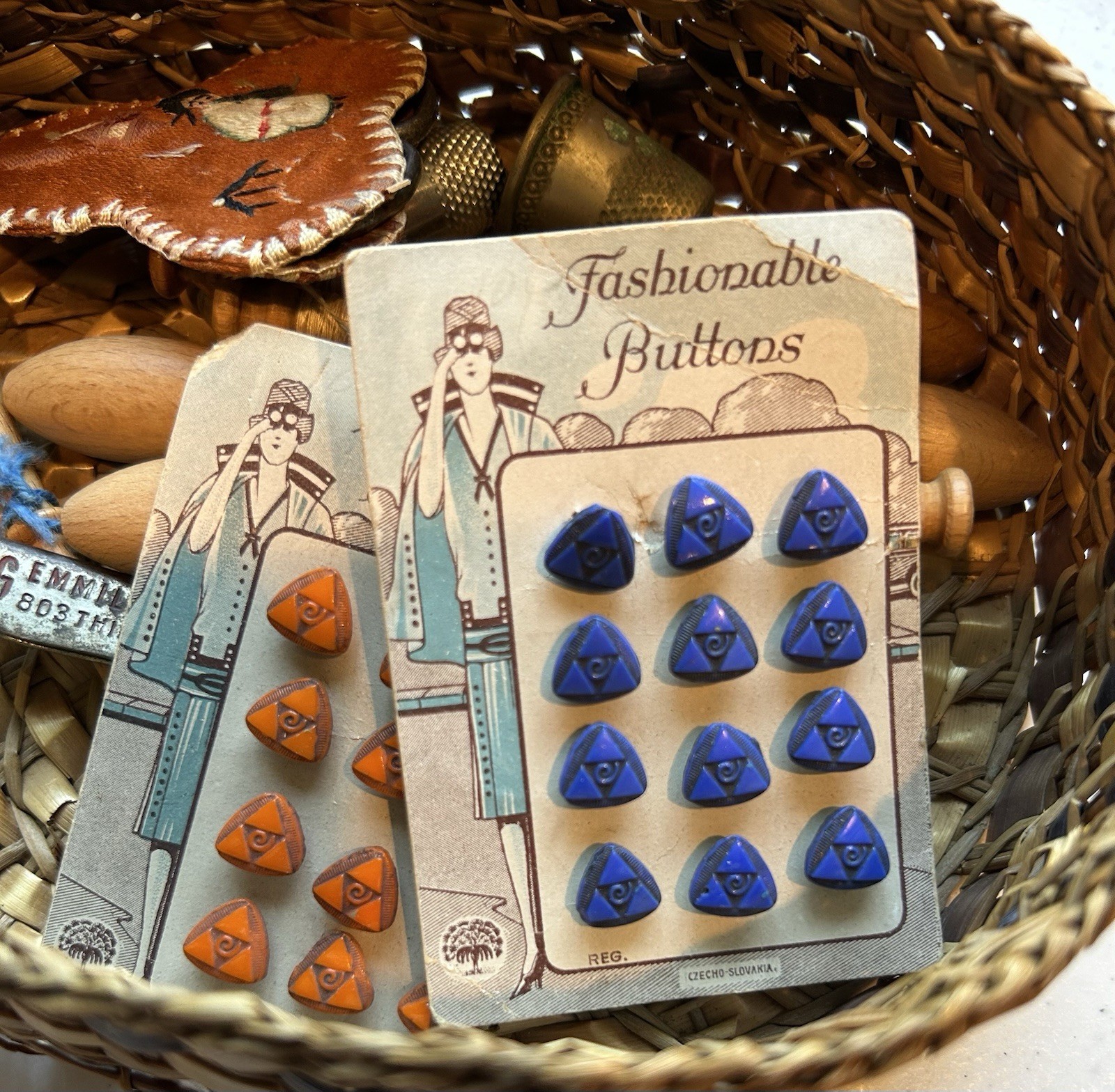 Antique Sewing Woven Reed Basket With Notions Early 1900's