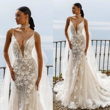 Boho Mermaid Wedding Dresses Lace Appliques Spaghetti Strapes V-Neck Sleeveless