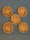 Mercury Head Dimes 90% Silver Circulated Lot of 5 Mixed Dates & Minting