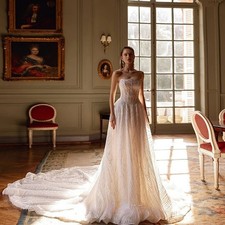 Customize Pearl A-line Long Wedding Dress Dreamy Strapless Sleeveless Bride Gown