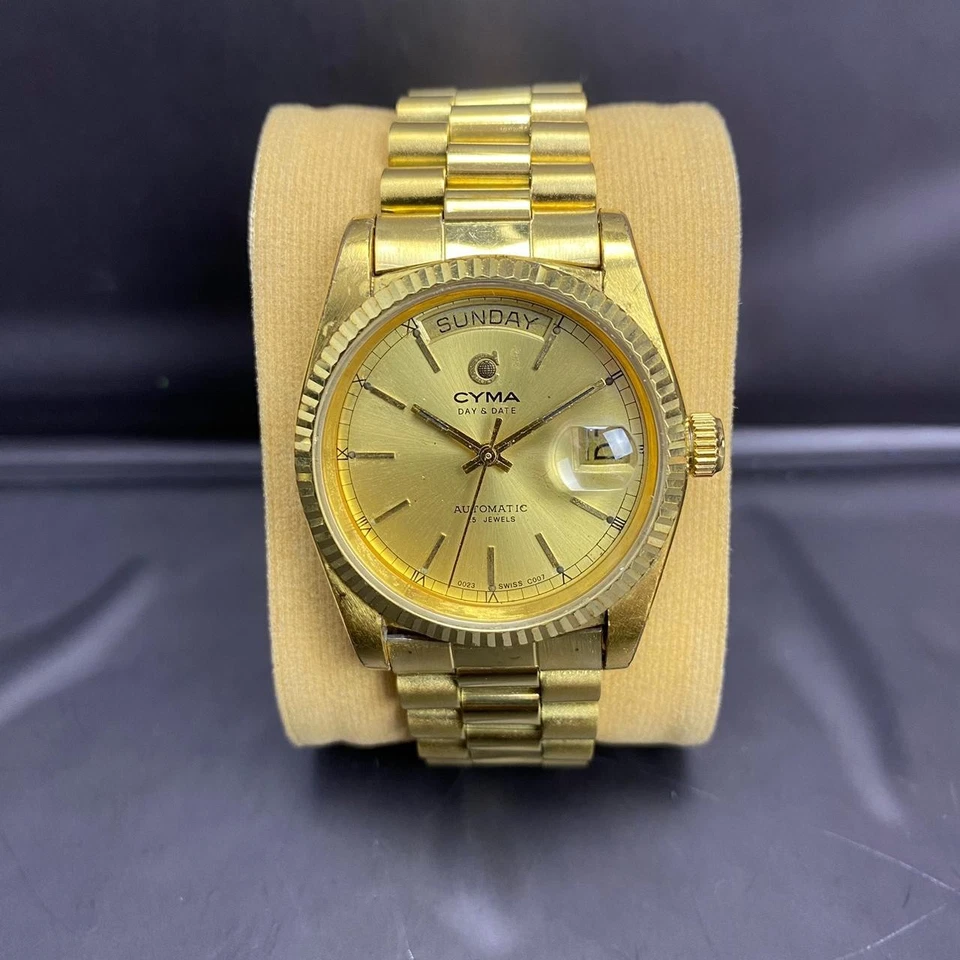 Raro Reloj Cyma President Día Fecha Automático ETA Esfera Dorada Suiza Bastón De Colección Foto 4 de 4