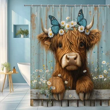 Highland Cow Butterfly Shower Curtain Farm Animal Rustic Floral Country Art