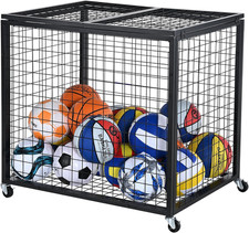 Rolling Sports Ball Storage Cart, Lockable Basketball Cage with Double Lids, Spo