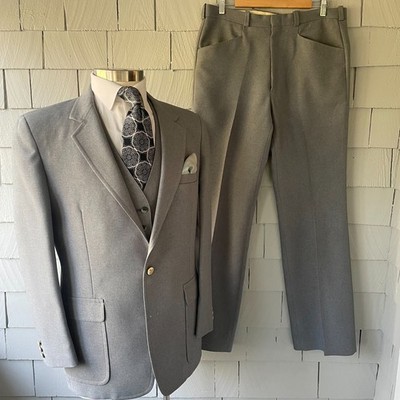 70s Vintage The Knack Gray Poly Mens 3pc Disco Suit with AMAZING LINING Size 42