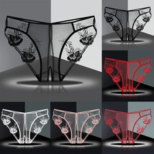 Seductive Low Rise Floral Panties Open Crothless Underwear for Women Wine Red 