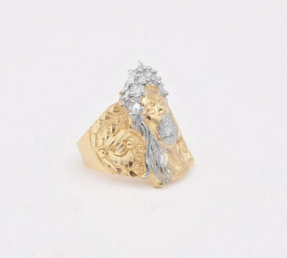 Anillo pepita cabeza de Jesús grande para hombre circonita cúbica real sólido oro amarillo blanco de 10K Foto 2 de 4