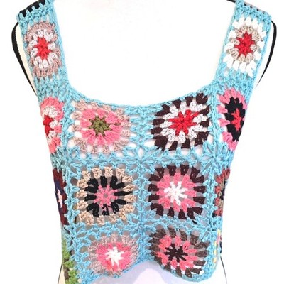 Handmade Crochet Granny Square Crop Tank Top Womens Small Multicolor Boho Retro