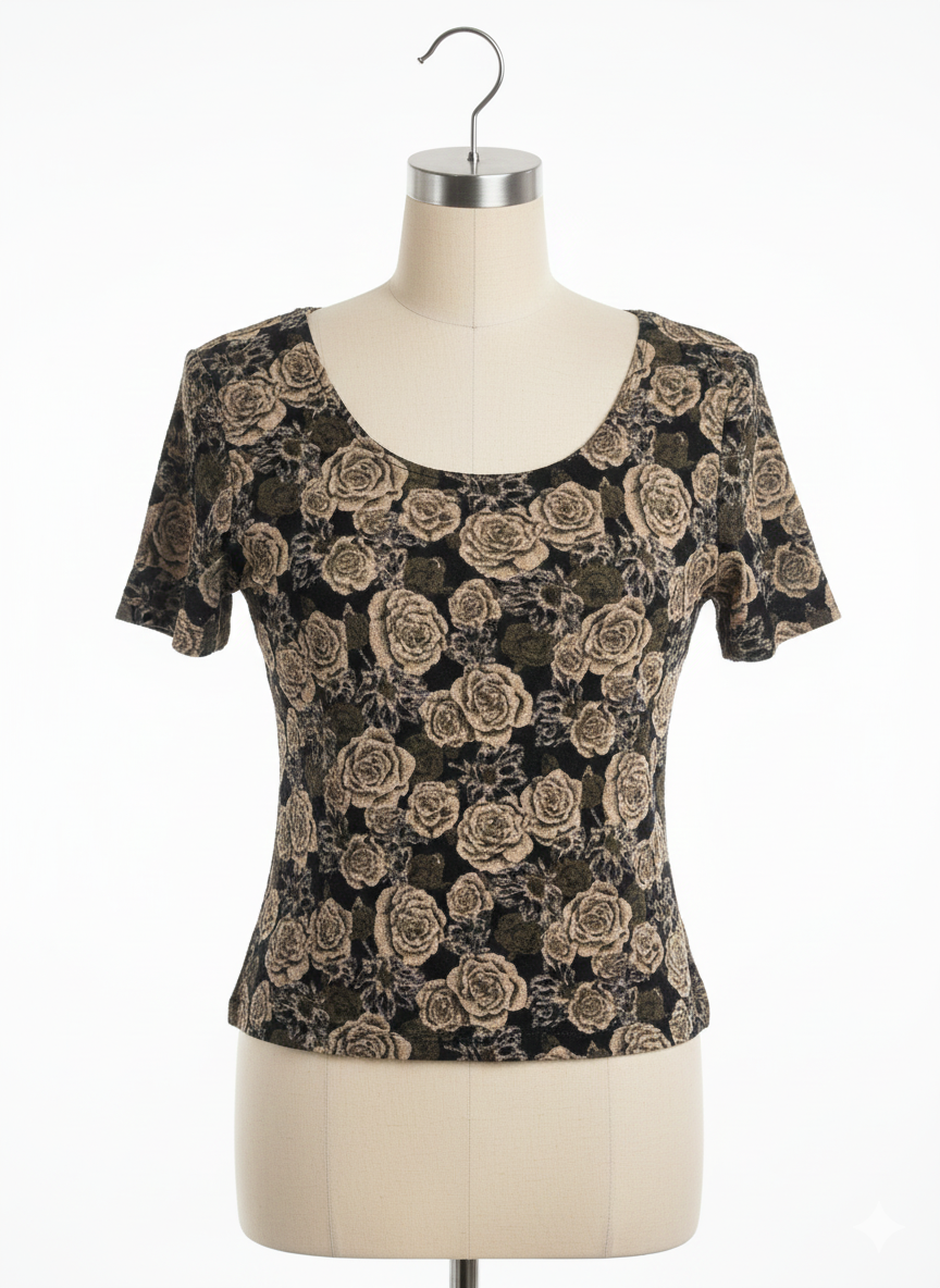 Vtg Frazier Lawrence S Black Floral Sheer Short Sleeve Top 90s Whimsigoth Grunge