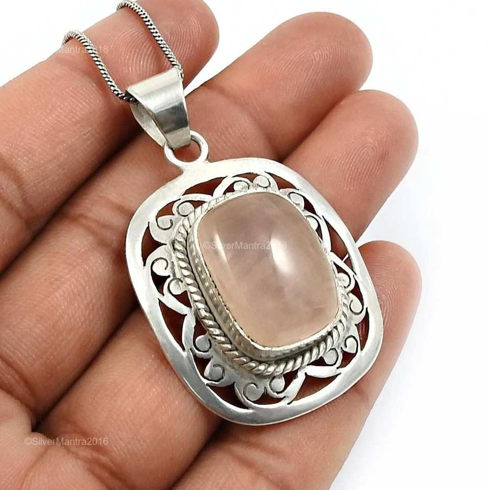 Cuore Chakra Cuscino Naturale Quarzo Rosa Argento Sterling Massiccio Bezel Nuovo - Immagine 3 di 4