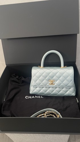 CHANEL Coco Handle Light Blue Quilted Leather Bag Gold HW Chain Box Dust Bag