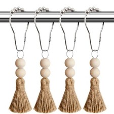 Boho Shower Curtain Hooks Rings Rustproof, Nautical Decorative Natural Jute