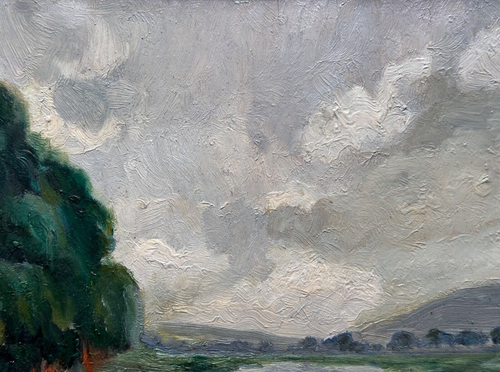 Beau tableau ancien paysage vue de rivière ciel impressionniste Louis Clesse