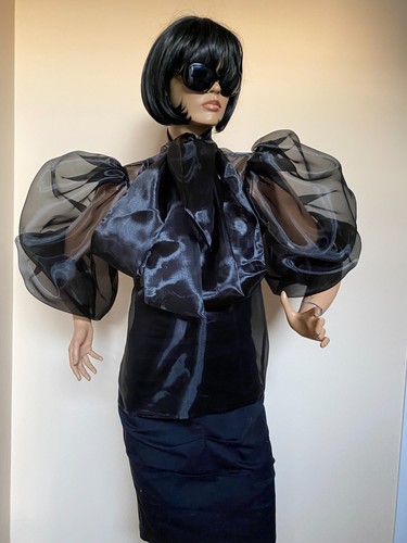 Sheer Transparent Organza Women's Formal Bow Puff Sleeves Blouse Shirt - Picture 3 of 21