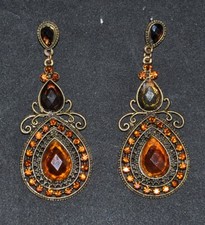 Orecchini donna ottone gemme sintetiche goccia arancione bigiotteria vintage 