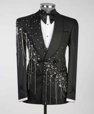 Luxurious Men Beaded Suit Set with Crystals Tassels Jacket for Party Refined