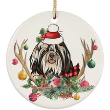 Cute Shih Tzu Dog With Antlers Reindeer Flower Christmas Circle Ornament Gift