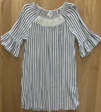 Naïf Women’s Medium Boho White Blue Stripe Smocked Shift Dress 3/4 Flared Sleeve