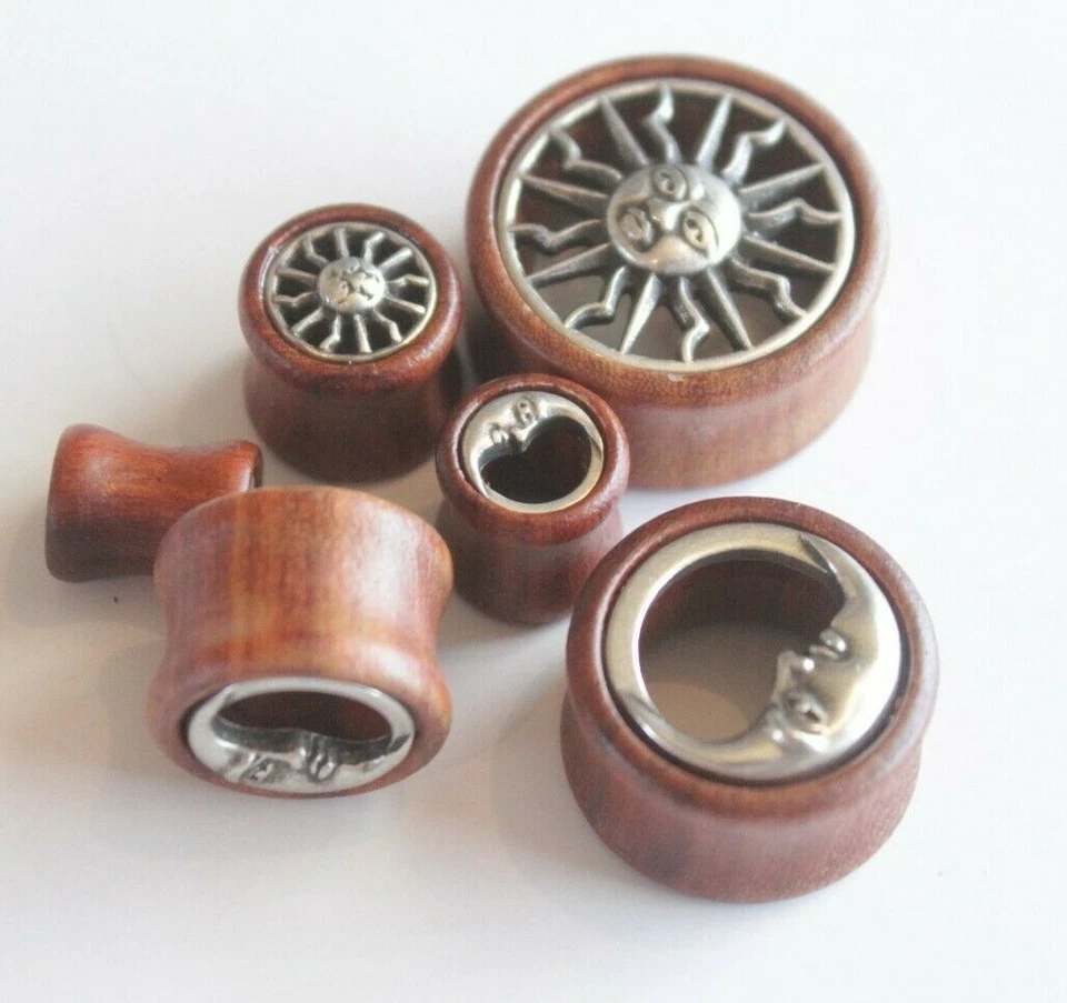 1x Dije Sol Luna Madera Doble Llamarada Pendiente Tapón para los Oídos Túnel Medidores Logo Símbolo Foto 3 de 3