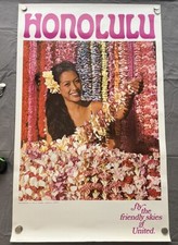 Vintage United Airlines Honolulu Poster Vtg 1960s 25 X 40 Girl W/Lei’s