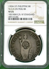 1834-37  SPANISH PHILIPPINE  8R     C/M ON  PERU 8R   NGC VF25