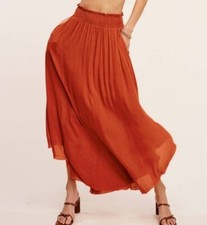 New Boutique Boho Smocked Waist Gauze Midi Skirt Pockets Pull On Burnt Orange
