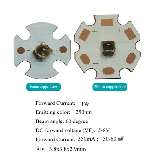 250nm UVC LED 0.1W 1W 2W 3838 250-260nm 5-7V Ultra Violet Lamp with Copper PCB - Picture 9 of 12