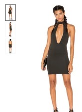 Motel Button Closure  Halter Neckline Open Back Bodycon Dress, Black, Size S