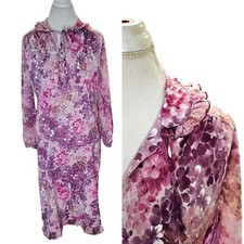 Vintage 70s 80s Womens Large Skirt Set Purple Floral Ruffles Church Midi Collar